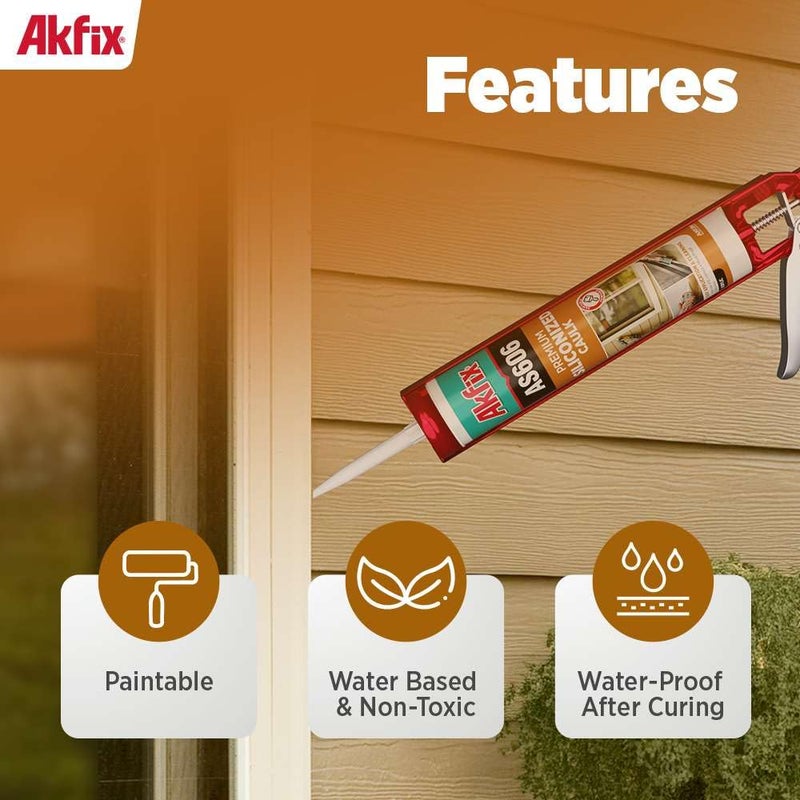 AKFIX AS606 معجون أكريليك لاتكس أبيض للرسامين (1x10.1 أونصة سائلة) - معجون أكريليك سيليكوني لت sealing النوافذ والأبواب، ملء الشقوق، القوائم والتشطيبات، عديم الرائحة، قابل للدهان | 1 عبوة - Image 2